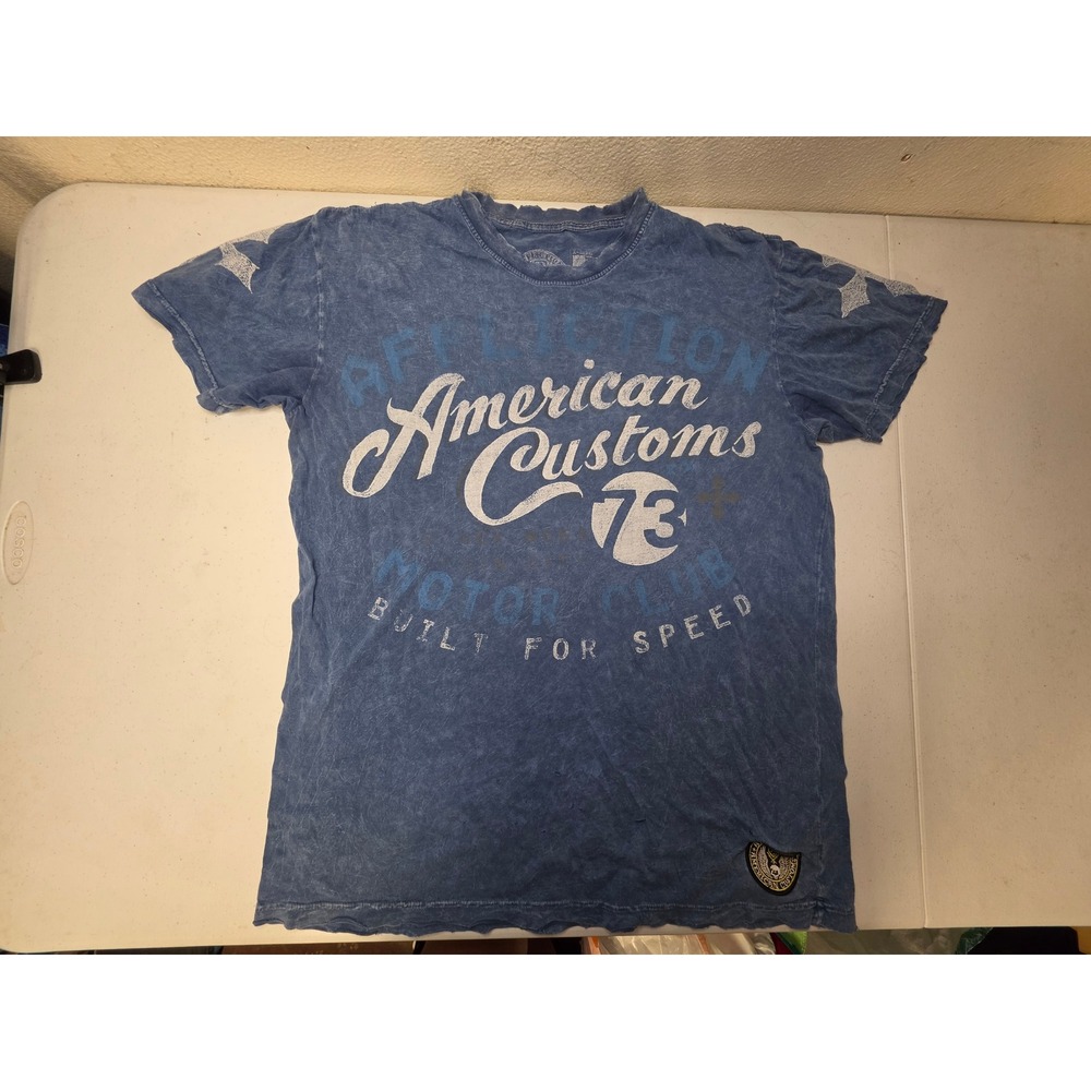 Affliction American Customs Blue Mineral Wash Skull Graphic T-Shirt Mens XL